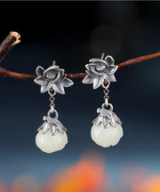 Vintage Sterling Silver Inlaid Pearl Lotus Drop Earrings