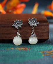 Vintage Sterling Silver Inlaid Pearl Lotus Drop Earrings