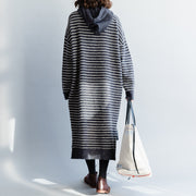 Vintage Pullover Strickoberteil Muster Moda grau gestreiftes Mujer Strickkleid mit Kapuze