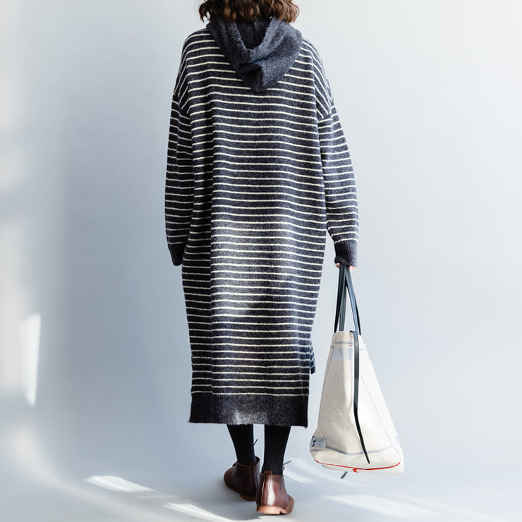 Vintage Sweater knit top pattern Moda hooded gray striped Mujer knit dress