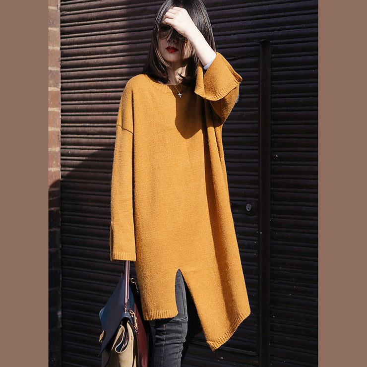 Vintage Pullover Wetter Street Style O-Ausschnitt Frühling gelb Hässliches Strickkleid seitlich offen