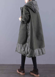 Vintage Tea Green Hooded Patchwork Woolen Winter Coat