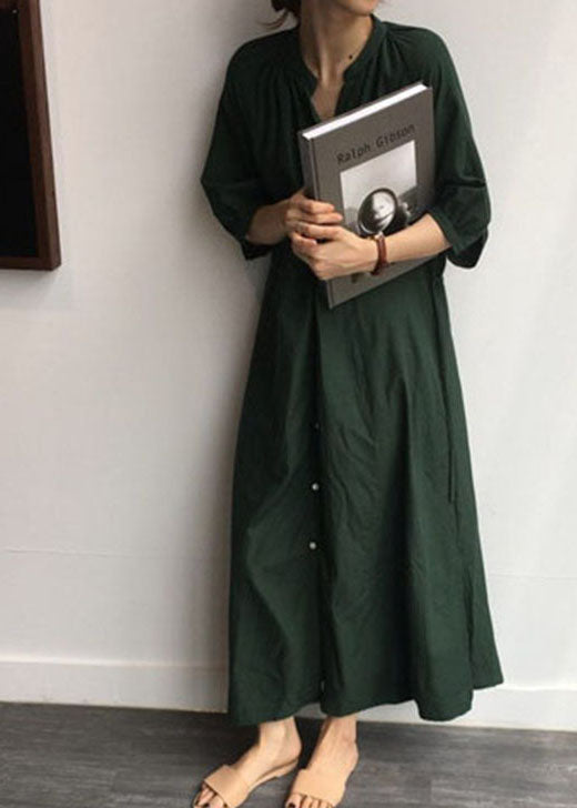 Vintage Tea Green Seite offenes Baumwollhemd langes Kleid mit halben Ärmeln