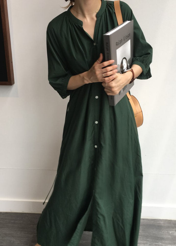 Vintage Tea Green Seite offenes Baumwollhemd langes Kleid mit halben Ärmeln