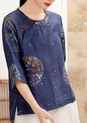 Vintage Tibetan Blue button O-Neck print Linen Shirt Tops Half Sleeve