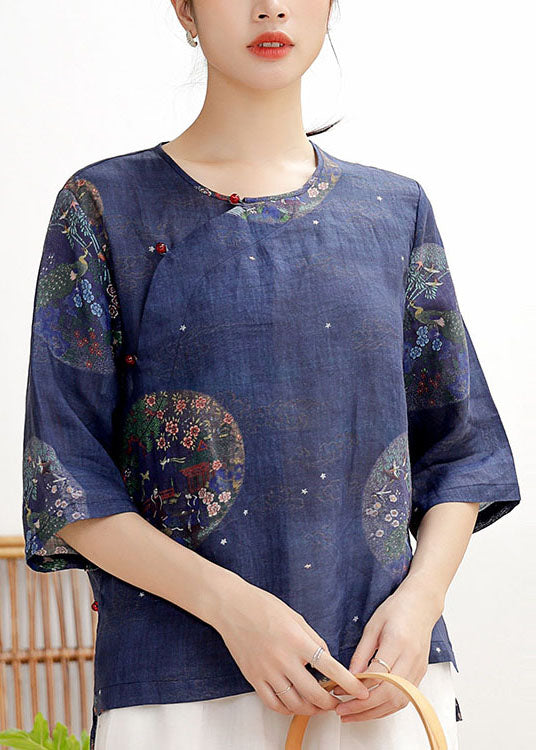 Vintage Tibetan Blue button O-Neck print Linen Shirt Tops Half Sleeve