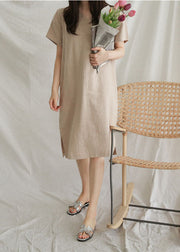 Vintage V Neck Patchwork Side Open Linen Mid Dresses Summer