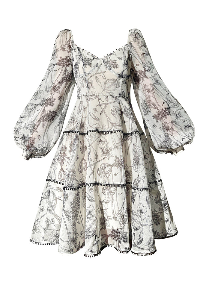 Vintage V-Ausschnitt Print Chiffon Mid Dress Laternenärmel