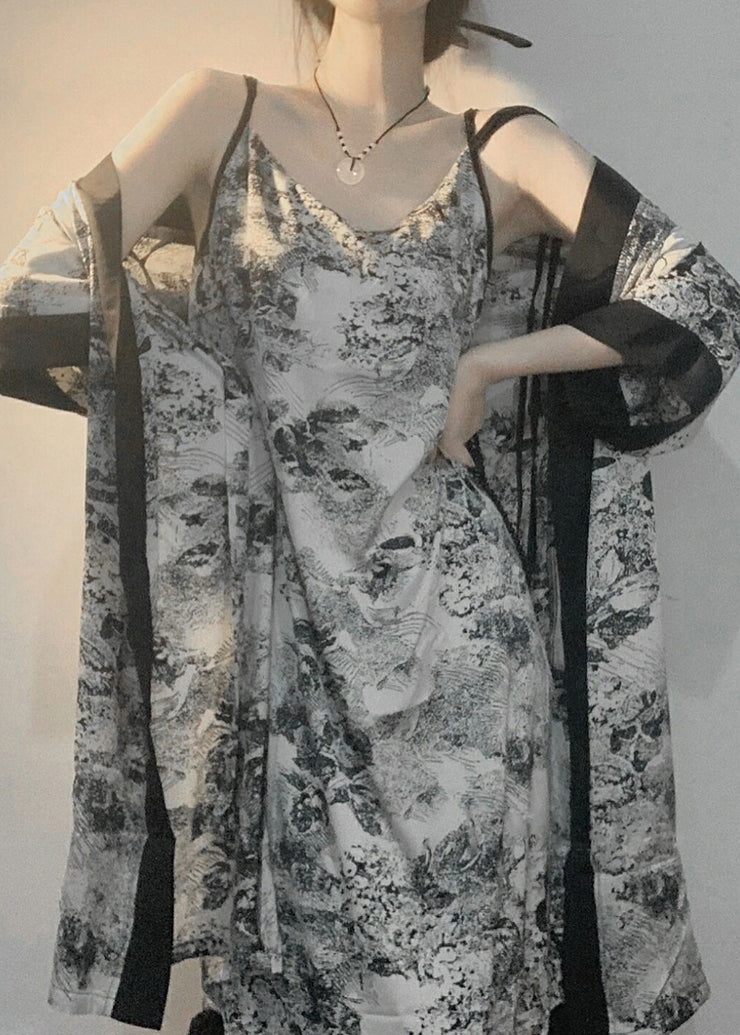 Vintage V Neck Print Ice Silk Pajamas Robe And Slip Dress Two Piece Set Summer