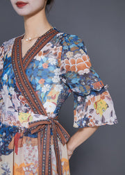 Vintage V Neck Print Tie Waist Chiffon Dress Summer