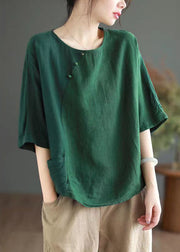 Vintage Green O Neck Linen T Shirts Half Sleeve