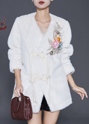 Vintage White Chinese Button Floral Faux Fur Jackets Winter