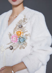 Vintage White Chinese Button Floral Faux Fur Jackets Winter