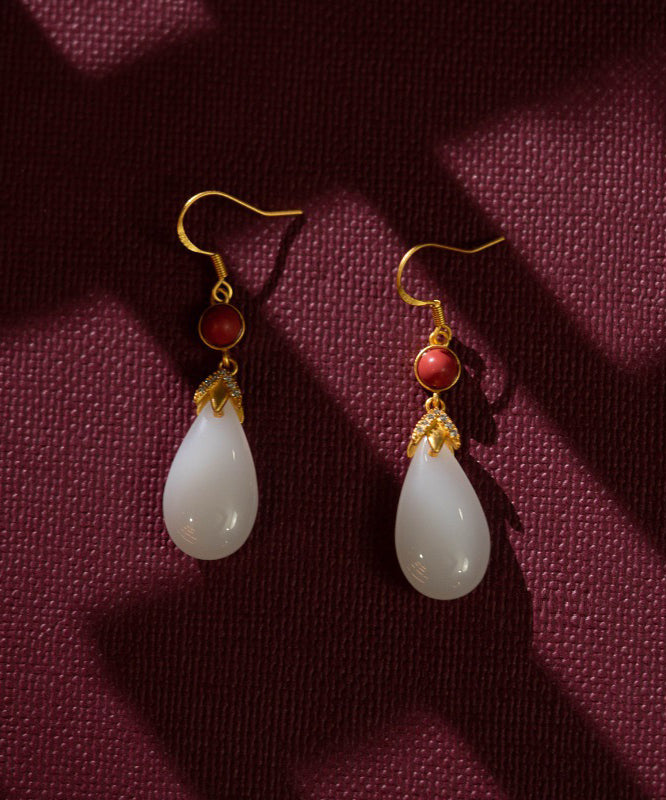 Vintage White Colour Agate Jade Water Drop Drop Earrings