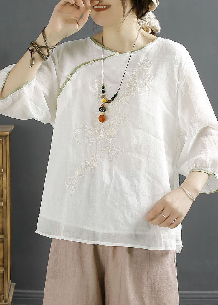 Vintage White Embroidered Chinese Button Patchwork Linen Shirt Top Summer