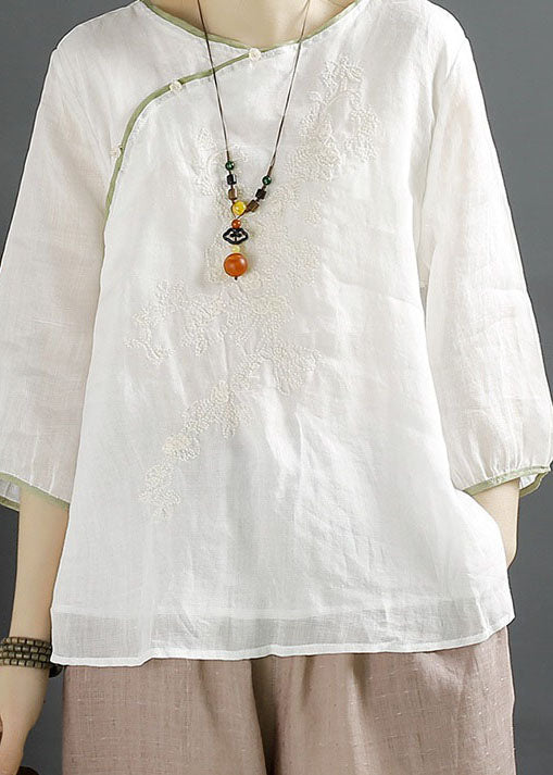 Vintage White Embroidered Chinese Button Patchwork Linen Shirt Top Summer