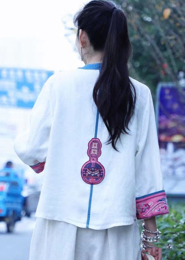 Vintage White Embroidered Linen Tops Long Sleeve