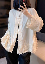 Vintage White Floral Button Silk Velour Coats Long Sleeve