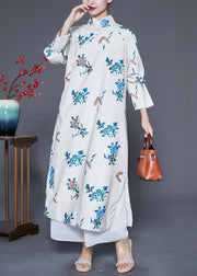 Vintage White Mandarin Collar Embroidered Satin Dress Caftan Spring