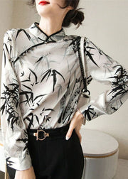 Vintage White Mandarin Collar Print Chiffon Shirt Top Spring