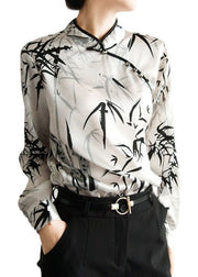 Vintage White Mandarin Collar Print Chiffon Shirt Top Spring