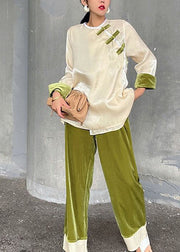 Vintage White O-Neck Velour Top And Green Wide Leg Pants Two Pieces Set Spring