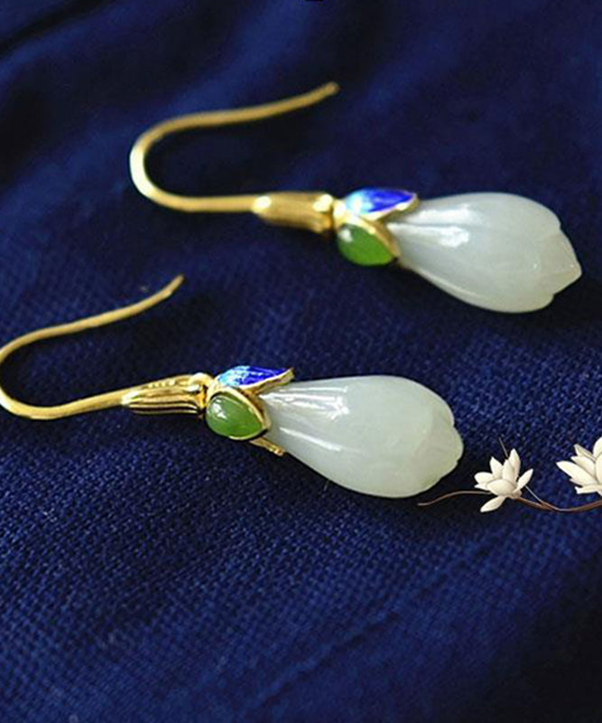 Vintage White Paitings Silver Jade Drop Earrings