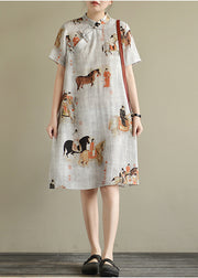 Vintage White Print Oriental Button Linen Dress Short Sleeve