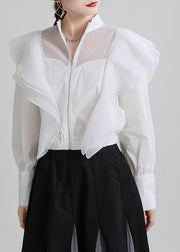 Vintage White Ruffles Zippered Patchwork Tulle Fall Long sleeve Coat