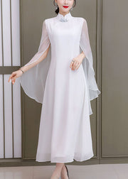 Vintage White Solid Stehkragen Schal Chiffon Cheongsam Kleid ärmellos