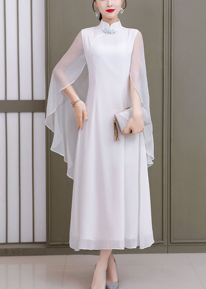 Vintage White Solid Mandarin Collar Shawl Chiffon Cheongsam Dress Sleeveless
