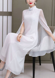 Vintage White Solid Mandarin Collar Shawl Chiffon Cheongsam Dress Sleeveless