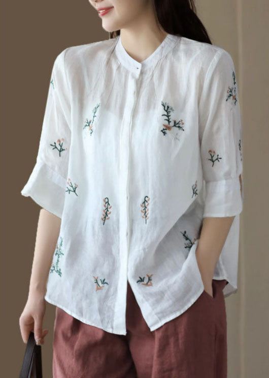 Vintage White Stand Collar Embroidered Patchwork Linen Tops Summer