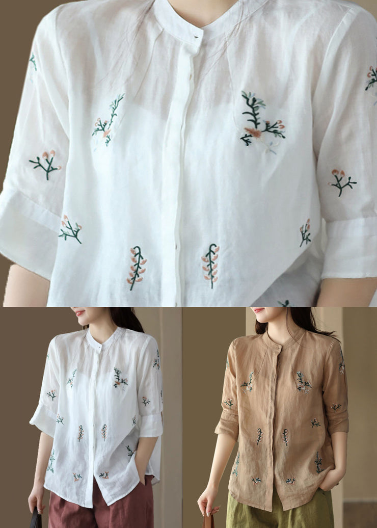 Vintage White Stand Collar Embroidered Patchwork Linen Tops Summer