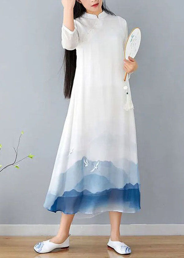 Vintage White Stand Collar Patchwork Print Silk Dress Summer