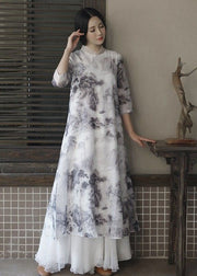 Vintage White Stand Collar Ruffled Print Patchwork Linen Dress Summer