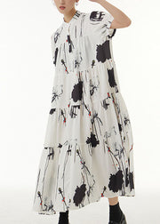 Vintage White Stand Collar Wrinkled Print Chiffon Dresses Summer