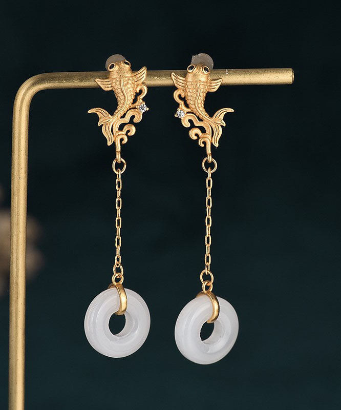 Vintage White Sterling Silver Overgild Jade Goldfish Drop Earrings