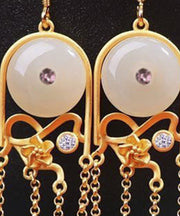 Vintage White Tassel Silver Gold Plated Jade Drop Earrings