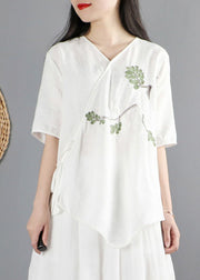 Vintage Weiß V-Ausschnitt Asymmetrisches Design Baumwolle Tops Kurzarm