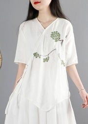 Vintage White V Neck Asymmetrical Design Cotton Tops Short Sleeve