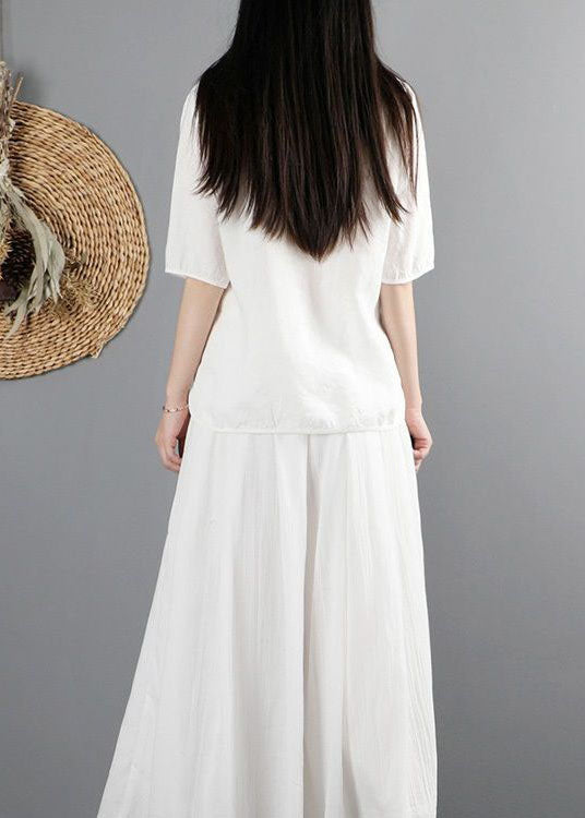 Vintage Weiß V-Ausschnitt Asymmetrisches Design Baumwolle Tops Kurzarm