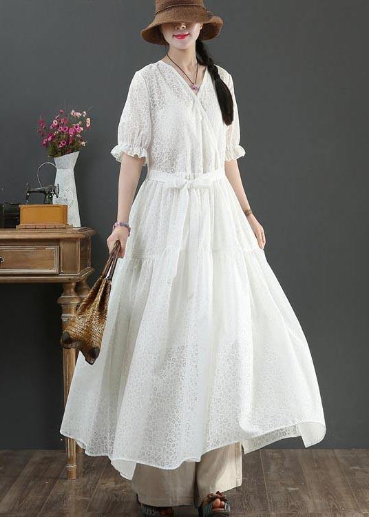 Vintage White V Neck Button Maxi Summer Cotton Dress - SooLinen