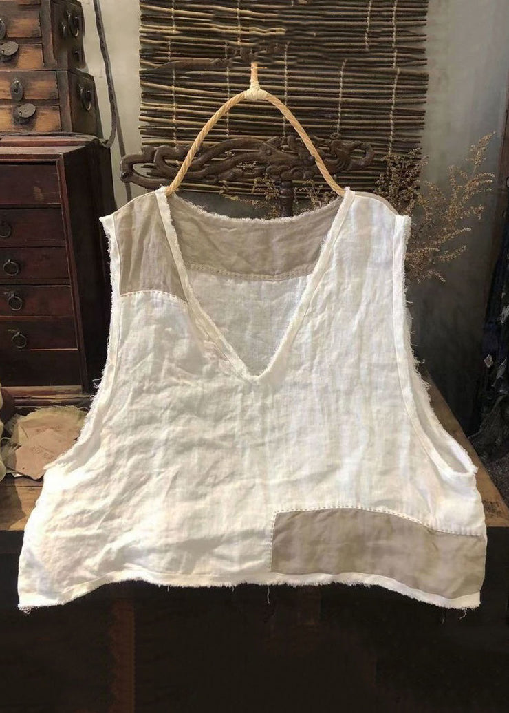 Vintage White V Neck Waistcoat And T Shirt Linen Two Pieces Set Spring