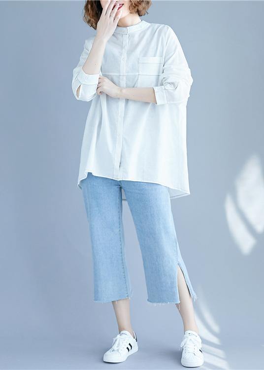 Vintage White low high design Long sleeve Blouses - SooLinen