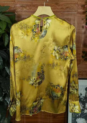 Vintage Yellow Button Print Patchwork Silk Shirts Long Sleeve