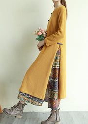 Vintage Yellow Button V Neck Patchwork Long Dresses Long Sleeve