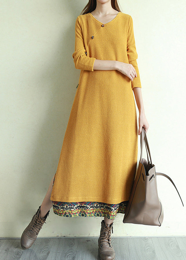Vintage Yellow Button V Neck Patchwork Long Dresses Long Sleeve