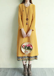 Vintage gelbe Knopf V-Ausschnitt Patchwork lange Kleider mit langen Ärmeln