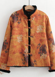 Vintage Yellow Chinese Button Patchwork Silk Print Warm Fleece Coats Spring